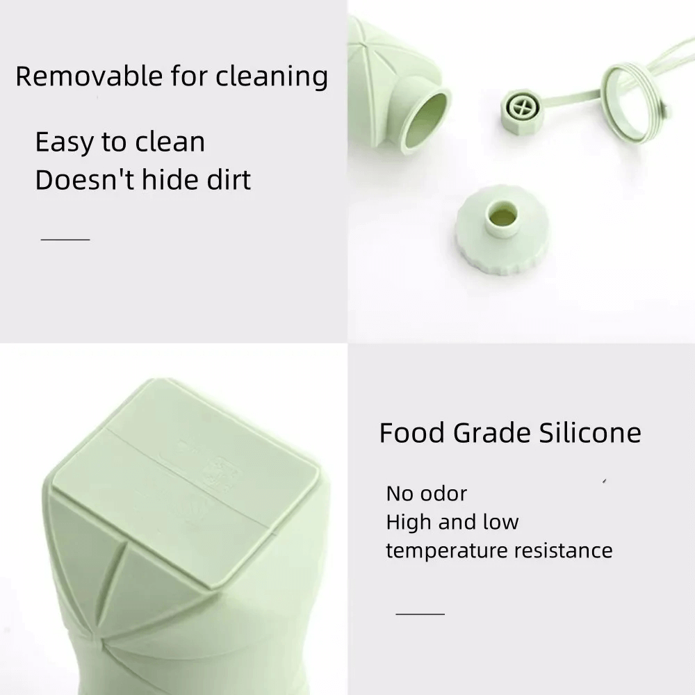 600ml Foldable Silicone Water Bottle for Gym - SF3486 showing removable parts and food-grade silicone features.